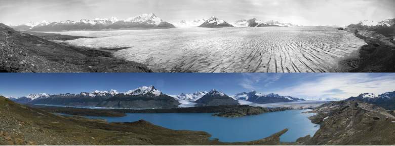 Il confronto fotografico tra la situazione nel 1931 documentata da Alberto De Agostini e quella del 2016 nello scatto di Fabiano Ventura testimonia il drammatico arretramento del ghiacciaio Upsala in Argentina