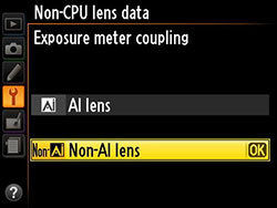 Nikon Df menu selezione ottiche
